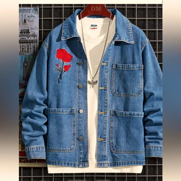 Men’s L denim jacket by Shein. EUC featuring a red rose on the right side chest. - Picture 1 of 8